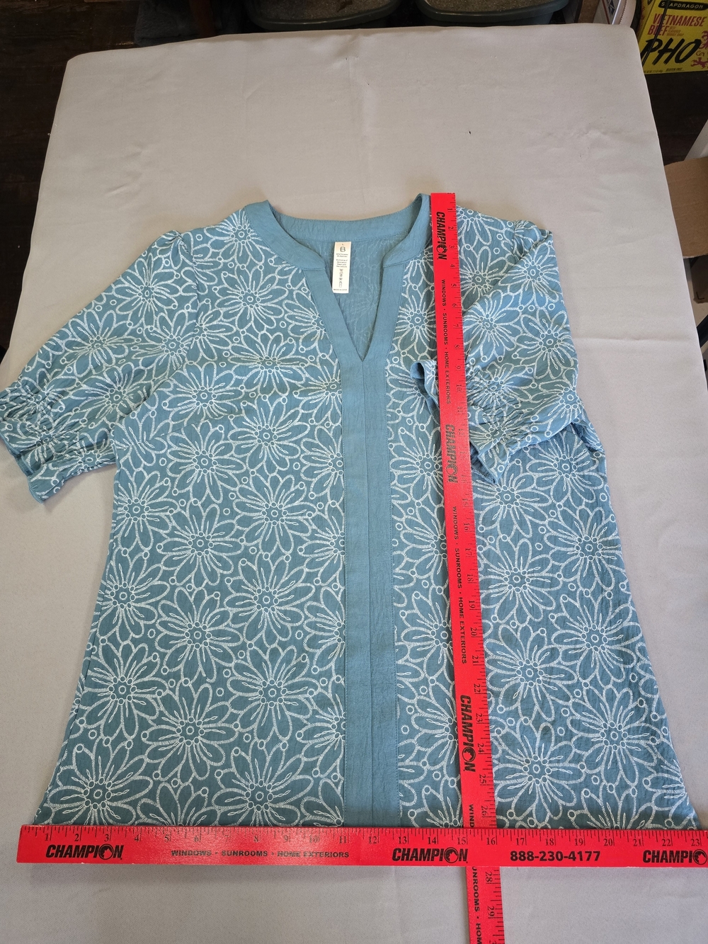 Light Blue Floral Embroidered V-Neck Tunic